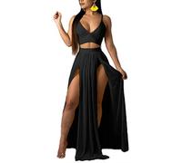 Conjunto Sexy de 2 Piezas para Mujer, Vestido de Gasa con Tirantes de Escote en V Profundo, Top Corto Tipo Sujetador, Falda Larga con Abertura Alta, Azul clásico, Negro, S