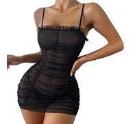 Conjunto Sexy Mujer EróTicos, Vestido De Malla Transparente con Ribete De Volantes Fruncidos para Mujer con Pantalones De Tanga Mini Vestido Informal con Tapa Transparente