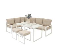 Conjunto Sofá Esquinero de Aluminio 7 plazas | Blanco | Sofa + 2 Taburetes + Mesa con Tapa de Vidrio + Funda Impermeable | Cojines Lavables, Diseño Moderno y Resistente para Jardín Terraza