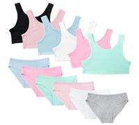 Conjunto Sujetador y Braguita Niña Algodón Top Básico sin Aros Regreso a la Escuela Tirantes Anchos Braguita Tipo Culotte. Pack 6 Conjuntos (12 Piezas). Talla S (8-10 años, 128-140 Altura) Liso
