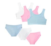 Conjunto Sujetador y Braguita Niña Algodón Top Básico sin Aros Regreso a la Escuela Tirantes Anchos Braguita Tipo Culotte. Pack 3 Conjuntos (6 pzs). Talla M (10-12 años, 140-152 Altura) Summer