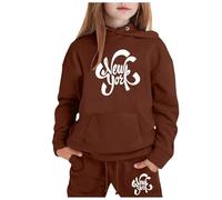 Conjunto Urbano de Sudadera con Capucha y Pantalón de Chándal para Niñas con Diseño de Ciudad Moderna y Ajuste Cómodo para Juego Diario (Brown, 6-7 Years)