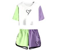 Conjunto Veraniego para Niñas Top y Pantalones Cortos Manga Corta Estampado Alegre Atuendo Casual Adolescente Cuello Redondo Bolsillo Ligero Cómodo (Green, 4-5 Years)