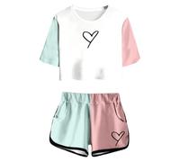 Conjunto Veraniego para Niñas Top y Pantalones Cortos Manga Corta Estampado Alegre Atuendo Casual Adolescente Cuello Redondo Bolsillo Ligero Cómodo (9-10 Years)