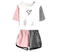 Conjunto Veraniego para Niñas Top y Pantalones Cortos Manga Corta Estampado Alegre Atuendo Casual Adolescente Cuello Redondo Bolsillo Ligero Cómodo (Grey, 13-14 Years)