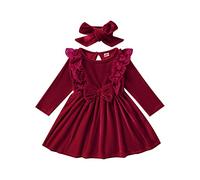 Conjunto vestidos forro polar para bebé, niña pequeña, encaje volantes, manga larga, cintura alta, lazo, midi, vestido + diadema, ropa fiesta princesa, atuendo, 86 rojo vino, 12 a 18 meses