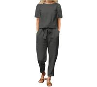 Conjuntos Co Ord para Mujeres - 2 Piezas de Ropa de Estilo Suelto con Cuello Redondo y Manga Corta, Camiseta Sólida de Algodón y Lino y Pantalones, Pantalones Casuales de Verano para Mujeres de Talla