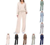 Conjuntos de 2 piezas para mujer, trajes de 2 piezas para mujer, trajes de manga larga con cuello en V y pantalones con cordón, conjuntos casuales de manga larga, conjuntos de 2 piezas de color sólido