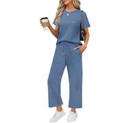 Conjuntos de 2 piezas WIHOLL para mujer, conjuntos de verano casuales para viajes, de manga corta, pantalones de pierna ancha y estilo crop con bolsillos, azul, L
