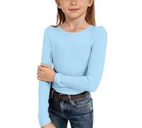 Conjuntos de 5T para niñas, camisa de manga larga, cuello redondo, sin botones, parte superior delgada, de punto acanalado, casual, camiseta interior para niñas de 5 a 6 años (azul claro, 11-12 años)