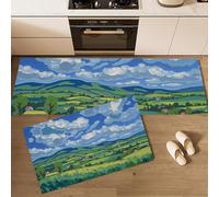 Conjuntos de Alfombras de Cocina, Pintura Óleo Colinas Campos Y Paisajes Rurales., 2 Piezas Alfombra Antideslizante Lavable para Baño/Cocina, Alfombra para Piso Que Atrapa el Agua, 43x75cm+43x150cm