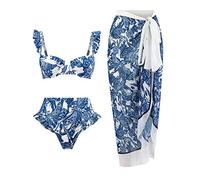 Conjuntos de Bikini Mujer de 3 Piezas Tops de Bikini+Braguitas+Cover Ups Pareo Falda de Playa,Sexy Bikini Mujer Traje de Baño Estampada Push Up Bañador Acolchado para Playa Piscina Vacación EstiloA M