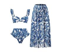 Conjuntos de Bikini Mujer de 3 Piezas Tops de Bikini+Braguitas+Cover Ups Pareo Falda de Playa,Sexy Bikini Mujer Traje de Baño Estampada Push Up Bañador Acolchado para Playa Piscina Vacación EstiloC M
