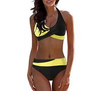 Conjuntos de bikini para mujer, copa F, tirantes anchos, cuello en V, estampado floral cruzado, dos piezas, conjunto de trajes de baño para mujer, traje de baño de encaje retro, #1-amarillo, 5XL