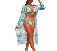 Conjuntos de bikini para mujer, traje de baño de verano, elegante poncho de playa + bikini con cuello en V, bañador de 3 piezas, moderno traje de baño con holgado largo boho cubierta up traje de baño