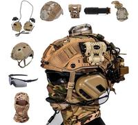 Conjuntos de Casco de Paintball Fast, con Auriculares Tácticos, Gafas y Linterna, Luz de Señalización, para Airsoft y Juegos de Disparos BBS.(Tan)