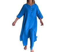 Conjuntos de descanso para mujer, de algodón y lino, de 2 piezas, blusas casuales de manga 3/4, blusas largas y fluidas, dobladillo estético asimétrico, camisa con botones y pantalones de pierna ancha