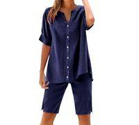 Conjuntos de descanso para mujer, de algodón y lino, de gran tamaño, 2 piezas, holgados, de manga corta, con botones, blusas casuales con cuello en V y pantalones cortos hasta la rodilla, pantalones