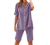 Conjuntos de descanso para mujer, de algodón y lino, de gran tamaño, 2 piezas, holgados, de manga corta, con botones, blusas casuales con cuello en V y pantalones cortos hasta la rodilla, pantalones