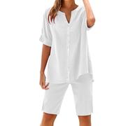 Conjuntos de descanso para mujer, de algodón y lino, de gran tamaño, 2 piezas, holgados, de manga corta, con botones, blusas casuales con cuello en V y pantalones cortos hasta la rodilla, pantalones
