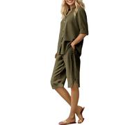 Conjuntos de descanso para mujer, de algodón y lino, de gran tamaño, 2 piezas, holgados, de manga corta, con botones, blusas casuales con cuello en V y pantalones cortos hasta la rodilla, pantalones