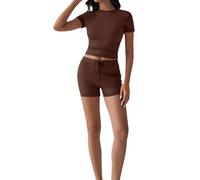 Conjuntos de gimnasio para mujer, 2 piezas, básicos, lisos, ajustados, manga corta, cuello redondo, pantalones cortos elásticos para el gimnasio, conjuntos de entrenamiento atlético de verano, café, M