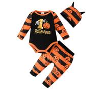 Conjuntos de Halloween para bebés Varones, Mono Manga Larga con Estampado Calabaza, Pantalones a Rayas, Sombrero, Conjunto 3 Piezas pequeños, Informal, Playa, Traje Oficina