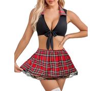 Conjuntos de lencería sexy para mujer, 2 unidades, juego de rol, uniforme a cuadros, disfraz de estudiante para mujer, cosplay, disfraz de babydoll para Halloween, ropa interior sexy + minifalda