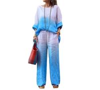 FEATEFACE Conjuntos de lino para mujer, conjunto de traje blanco de 2 piezas para mujer, talla grande, pantalones, pantalones y blusas, conjunto de pantalones naranjas, Azul degradado, 3XL