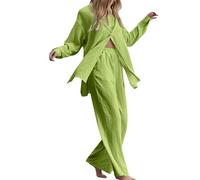 Conjuntos de lino para mujer, 2 piezas, ropa de descanso de lino para mujer, ropa de descanso de verano, camisas de manga larga con botones y pantalones de pierna ancha, conjunto de chándal ligero y