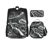 Conjuntos de mochila escolar 3 piezas Niñas Adolescentes (calamar gigante) Bolsa de libros + Bolsa de almuerzo + Estuche de lápices Lindo Trabajo universitario Gimnasio Senderismo Pesca Bolsa de tra