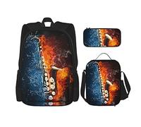 Conjuntos de mochila Mochila escolar de 3 piezas Adolescentes Estudiantes (Saxofón de agua y fuego) Mochila + Bolsa de almuerzo + Estuche para lápices Mochila linda Trabajo universitario Gimnasio Se