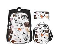 Conjuntos de mochila Mochila escolar de 3 piezas Estudiantes Adolescentes (Juego de perros de raza mixta estampado de pata blanco) Mochila + Bolsa de almuerzo + Estuche para lápices Mochila linda Tr