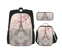 Conjuntos de mochila Mochila escolar de 3 piezas Estudiantes Adolescentes (Torre Eiffel de París con flor de cerezo rosa) Mochila + Bolsa de almuerzo + Estuche de lápices Lindo Trabajo universitario
