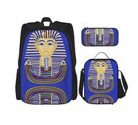 Conjuntos de mochila Mochila escolar de 3 piezas Niños Adolescentes (Rey Faraón Tutankamón Egipto Tut Egipcio) Bolsa de libros + Bolsa de almuerzo + Estuche de lápices Mochila linda Universidad Trab