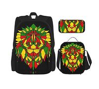 Conjuntos de mochilas escolares 3 piezas Adolescentes Estudiantes (cabeza de león rasta polivinílico Rastafari jamaiquino negro) Bolsa de libros + Bolsa de almuerzo + Estuche de lápices Mochila lind