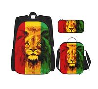 Conjuntos de mochilas escolares 3 piezas Estudiantes Adolescentes (Bandera Reggae Rasta Rey León) Bolsa de libros + Bolsa de almuerzo + Estuche de lápices Mochila linda Trabajo universitario Gimnasi