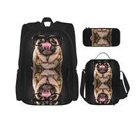 Conjuntos de mochilas escolares 3 piezas Estudiantes Adolescentes (It's Pug Life) Bolsa de libros + Bolsa de almuerzo + Estuche de lápices Mochila linda Trabajo universitario Gimnasio Senderismo Pes