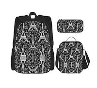 Conjuntos de mochilas escolares 3 piezas Estudiantes Adolescentes (Torre Eiffel de París Floral Blanco y negro) Bolsa de libros + Bolsa de almuerzo + Estuche para lápices Mochila linda Trabajo unive