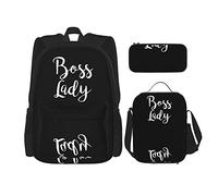 Conjuntos de mochilas escolares 3 piezas Niñas Adolescentes (Boss Lady blanco negro) Bolsa de libros + Bolsa de almuerzo + Estuche de lápices Mochila linda Trabajo universitario Gimnasio Senderismo