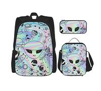 Conjuntos de mochilas escolares 3 piezas Niños Adolescentes (lindo planeta espacial extraterrestre) Bolsa de libros + Bolsa de almuerzo + Estuche para lápices Mochila linda Trabajo universitario Gim