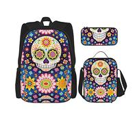 Conjuntos de mochilas escolares 3 piezas Niños Adolescentes (Sugar Skull Colorful Day of the Dead Art) Bolsa de libros + Bolsa de almuerzo + Estuche de lápices Lindo Sackpack Colegio Trabajo Gimnasi