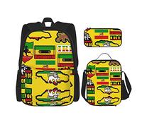 Conjuntos de mochilas escolares 3 piezas para niños y adolescentes (Rasta Lion Jamaican Reggae Flag map Cinta magnética) Bolsa de libros + Bolsa de almuerzo + Estuche de lápices Lindo Sackpack Coleg