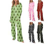 Conjuntos de pijama de Navidad para mujer, botón conjunto de pijama de manga larga con patrón de Navidad para mujeres, otoño invierno, cálido, top y pantalones de 2 piezas, cómodo ropa de dormir suave