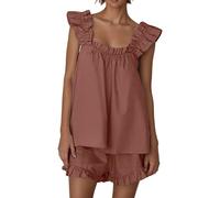 Conjuntos de Pijama para Mujer, Conjuntos de 2 Piezas, Ropa de Dormir sin Mangas, Top Corto con Volantes y Pantalones Cortos Casuales, Ropa de Estar por casa. Mujer Cortos