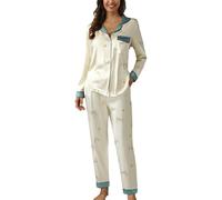 Conjuntos de Pijama para Mujer Pijamas Mujer Primavera Otoño Invierno Manga Larga Pantalones Bonito Cárdigan Ropa de Casa Traje Casual Solapa Botón Estampado Dos Piezas Ropa de Descanso Conjuntos Pjs