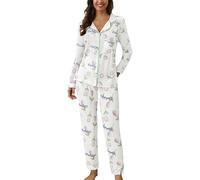 Conjuntos de Pijama para Mujer Pijamas Mujer Primavera Otoño Invierno Manga Larga Pantalones Bonito Cárdigan Ropa de Casa Traje Casual Solapa Botón Estampado Dos Piezas Ropa de Descanso Conjuntos Pjs