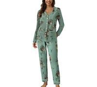 Conjuntos de Pijama para Mujer Pijamas Mujer Primavera Otoño Invierno Manga Larga Pantalones Bonito Cárdigan Ropa de Casa Traje Casual Solapa Botón Estampado Dos Piezas Ropa de Descanso Conjuntos Pjs