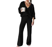 Conjuntos de Punto de Dos Piezas para Mujer. Conjuntos otoño Dos Piezas para Mujer. Conjunto Deportivo Manga Larga Estar en casa. Conjunto Punto con Cuello en V. Negro. Talla Mediana.
