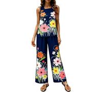 Conjuntos de ropa de descanso para mujer, trajes de verano de 2 piezas de doble capa, sin mangas, chaleco estampado y pantalones de pierna ancha, conjuntos de vacaciones para mujer (azul marino, XXXXL